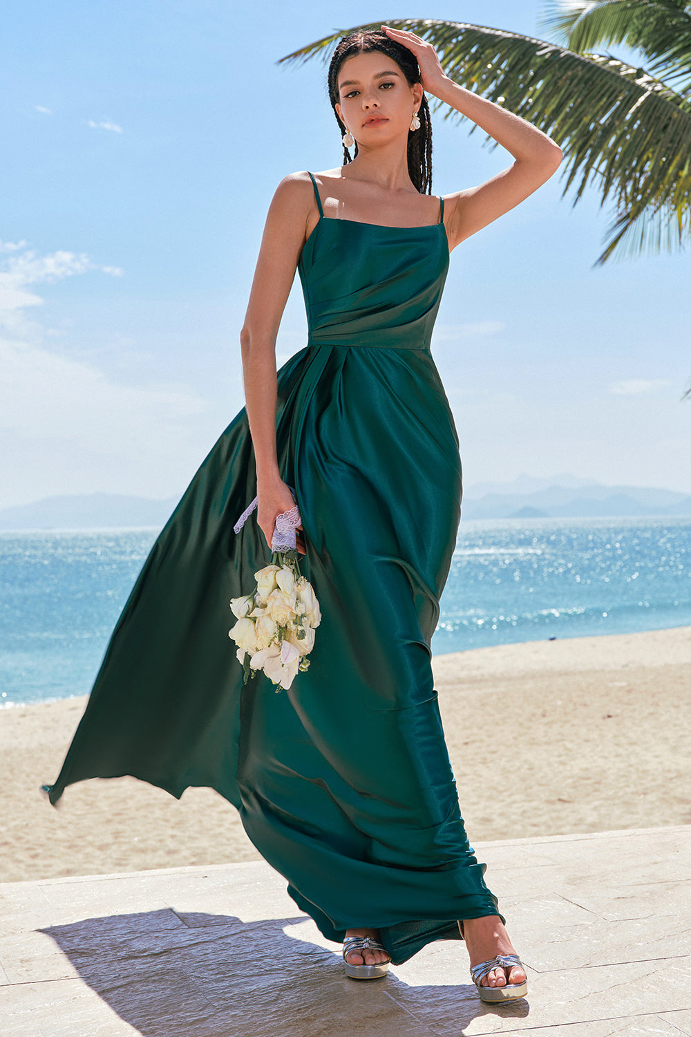 Dark Green A Line Spaghetti Straps Ruched Satin Bridesmaid Dress