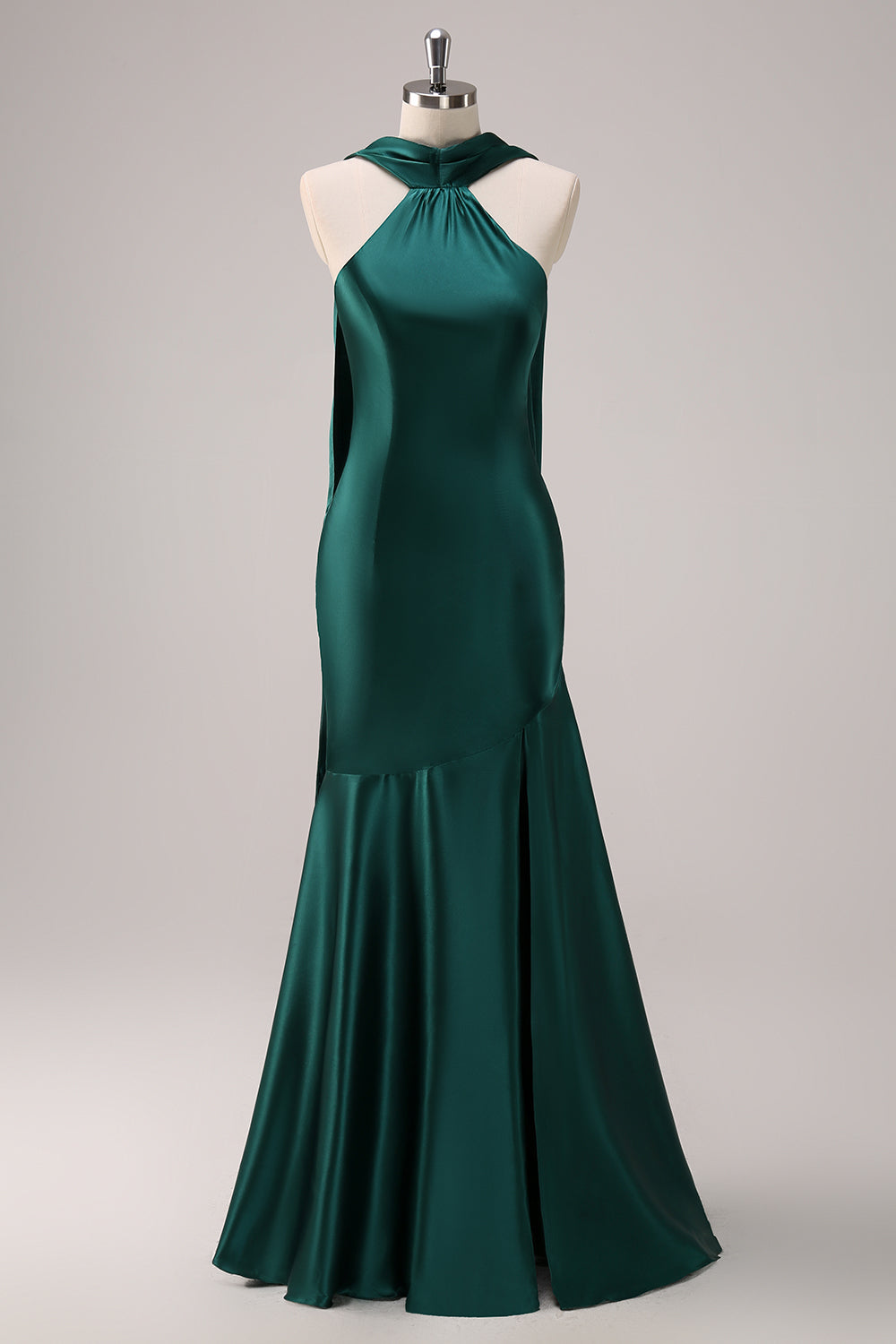 Dark Green Mermaid Halter Floor Length Satin Bridesmaid Dress