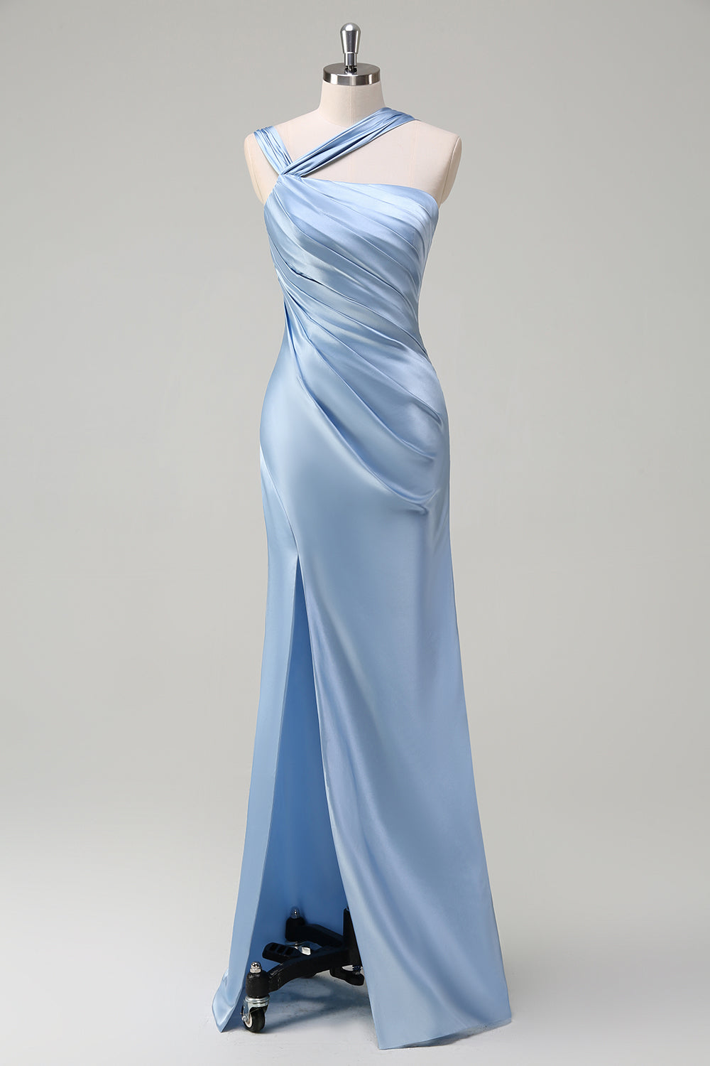 Sky Blue Mermaid Pleated Satin Long Bridesmaid Dress with Slit