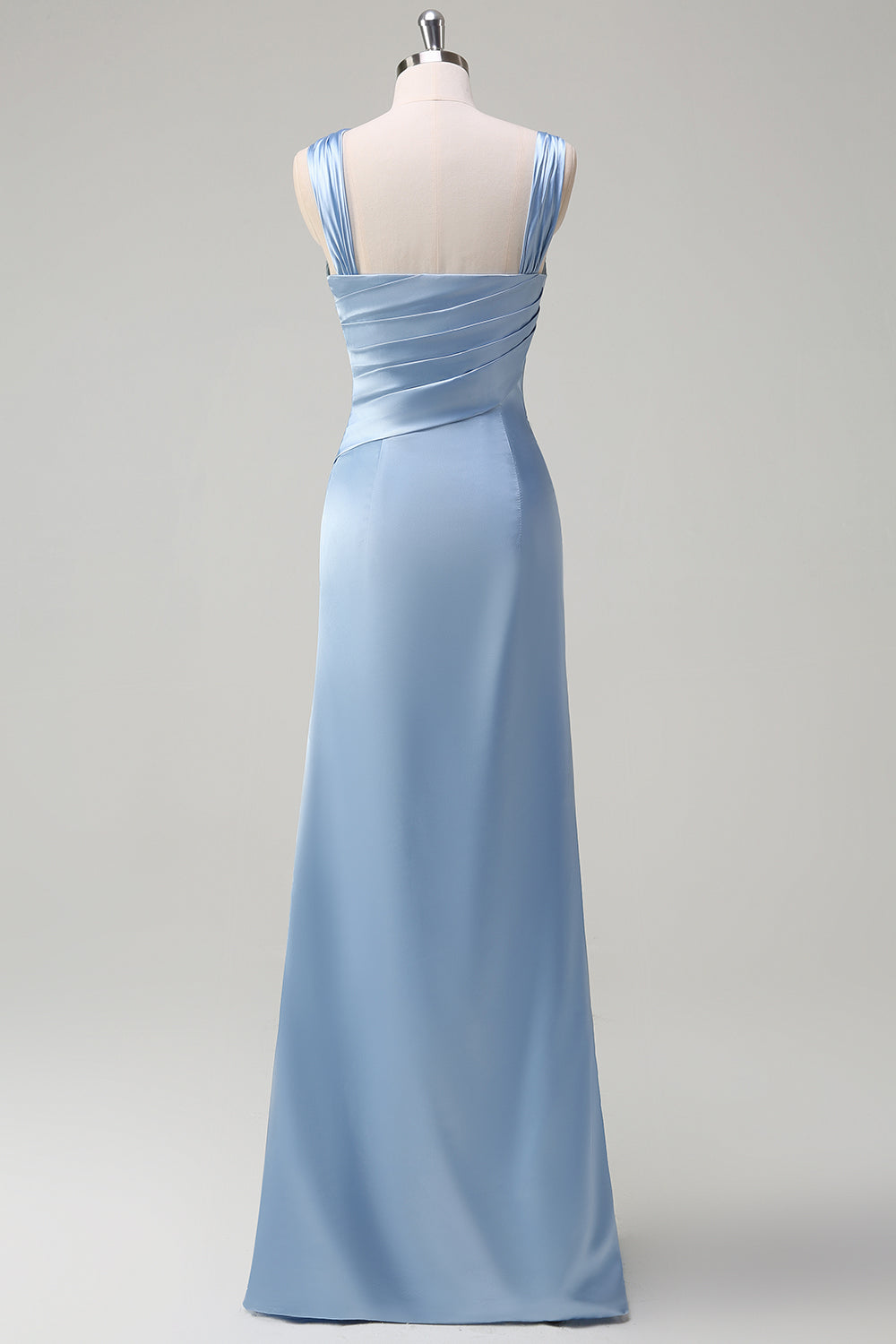 Sky Blue Mermaid Pleated Satin Long Bridesmaid Dress with Slit