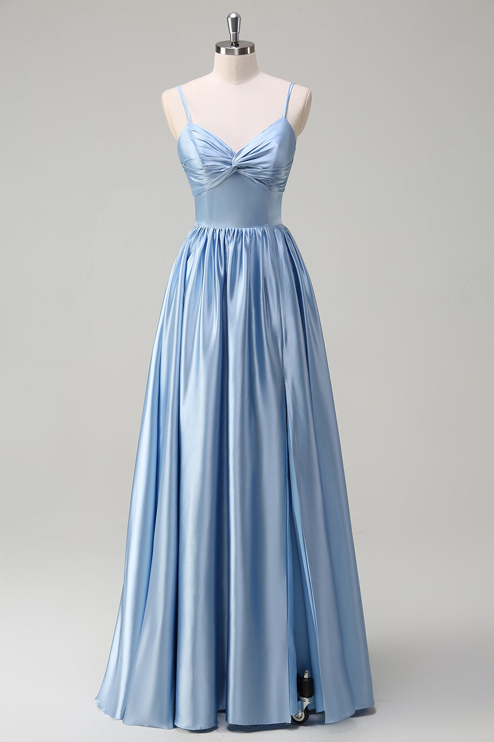 Sky Blue A Line Spaghetti Straps Ruched Long Bridesmaid Dress with Slit