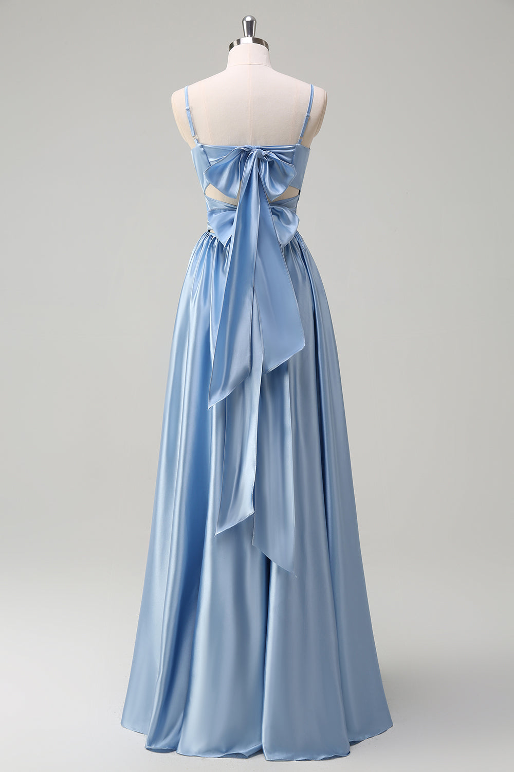 Sky Blue A Line Spaghetti Straps Ruched Long Bridesmaid Dress with Slit