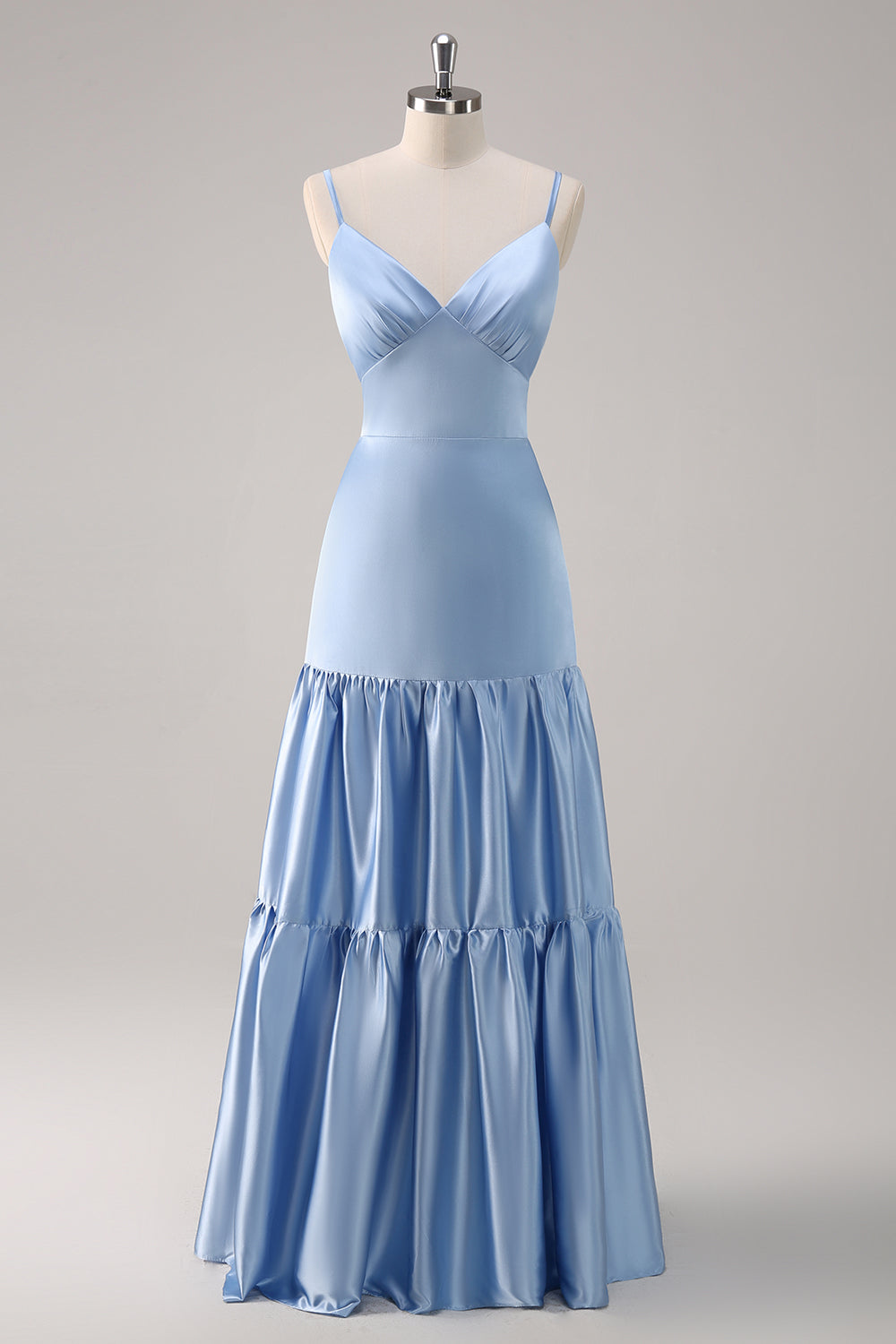 Sky Blue A Line V Neck Spaghetti Straps Ruffle Satin Bridesmaid Dress