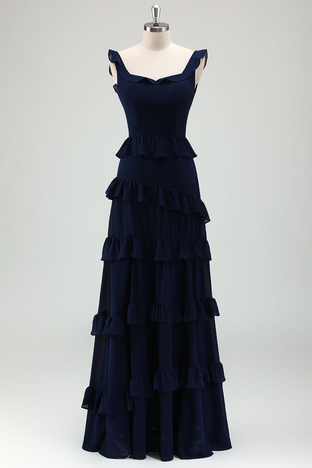 Dark Navy A Line Backless Floor Length Tiered Ruffle Bridesmaid Dress