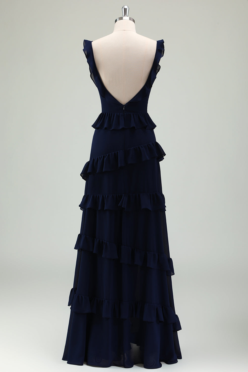 Dark Navy A Line Backless Floor Length Tiered Ruffle Bridesmaid Dress