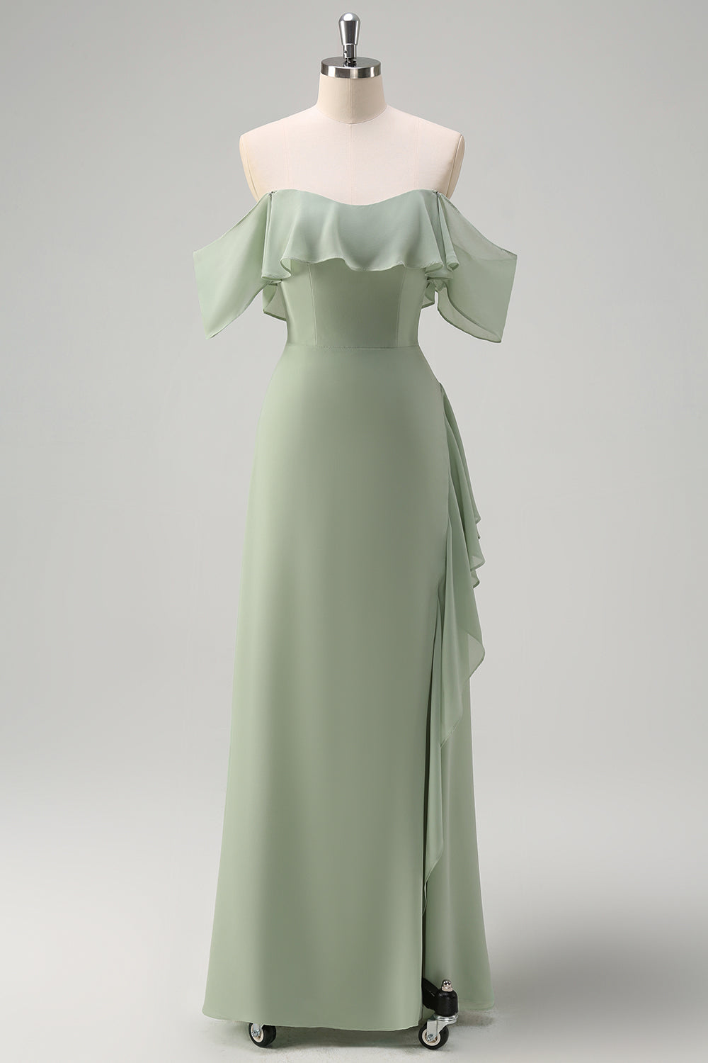 Light Green Sheath Off The Shoulder Chiffon Floor Length Bridesmaid Dress with Ruffle Slit