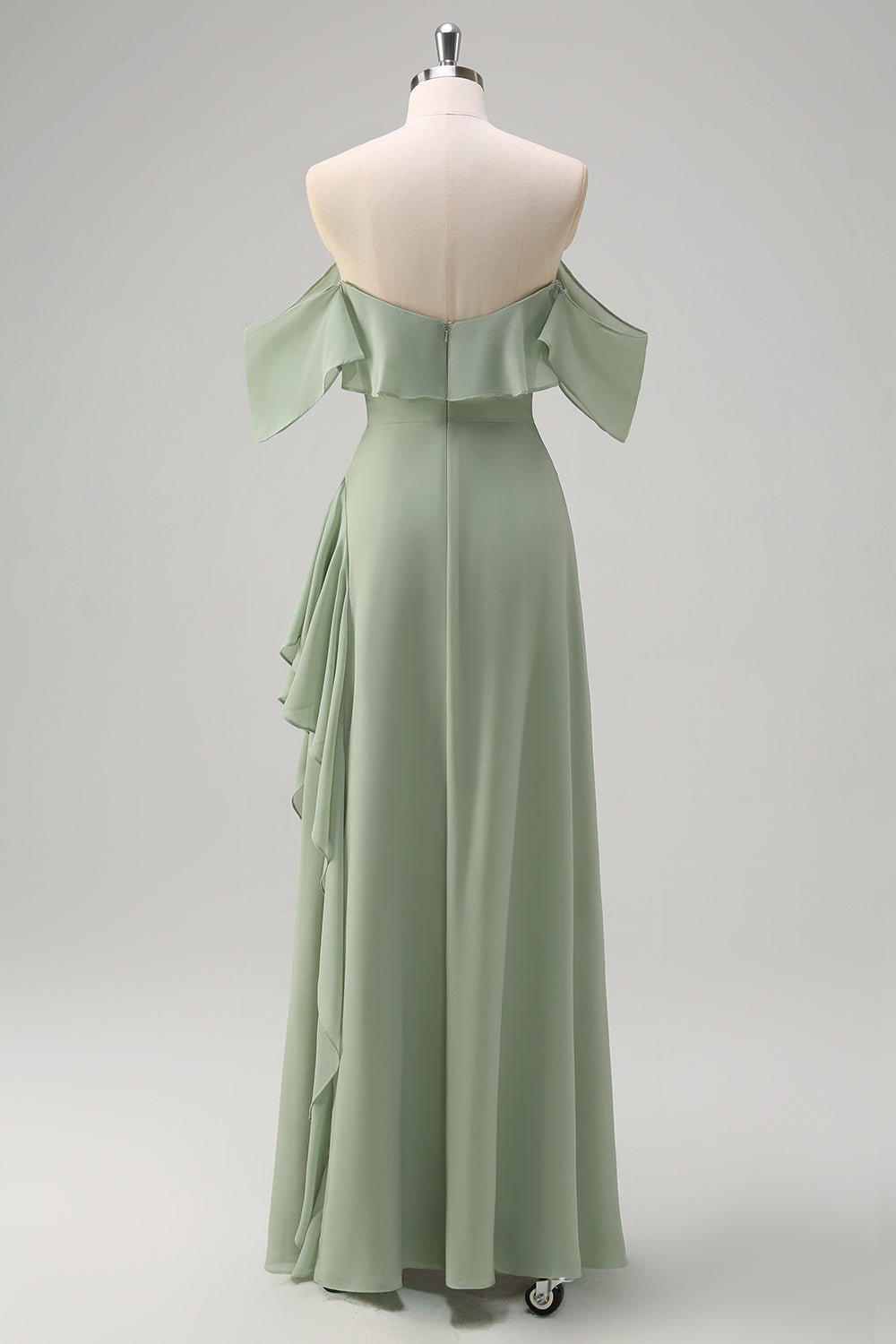 Light Green Sheath Off The Shoulder Chiffon Floor Length Bridesmaid Dress with Ruffle Slit