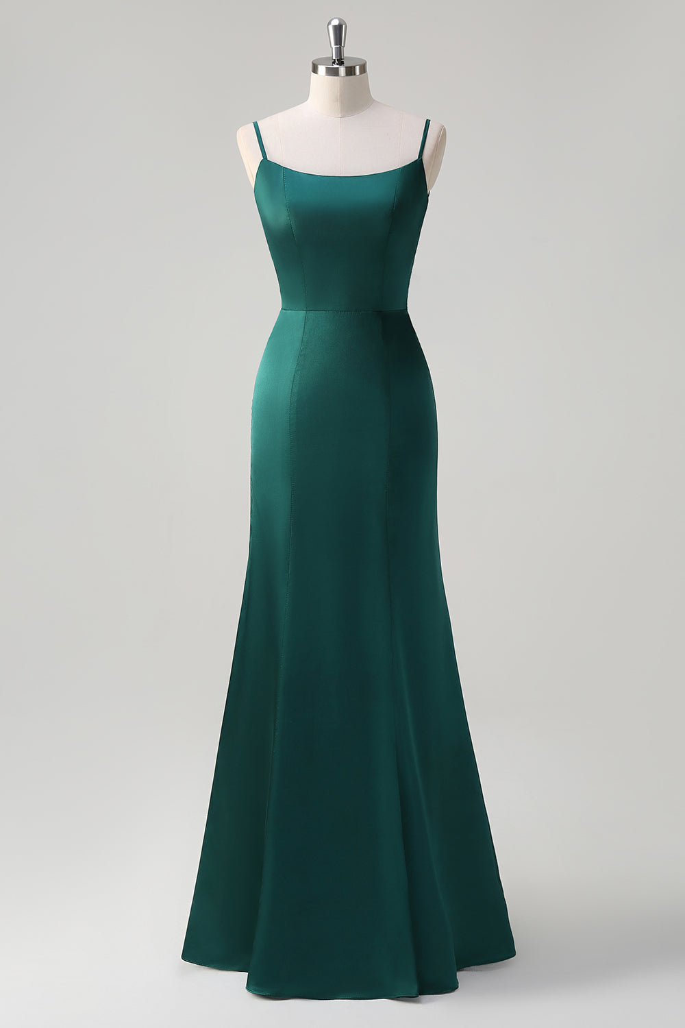 Dark Green Mermaid Spaghetti Straps Satin Long Bridesmaid Dress with Bow