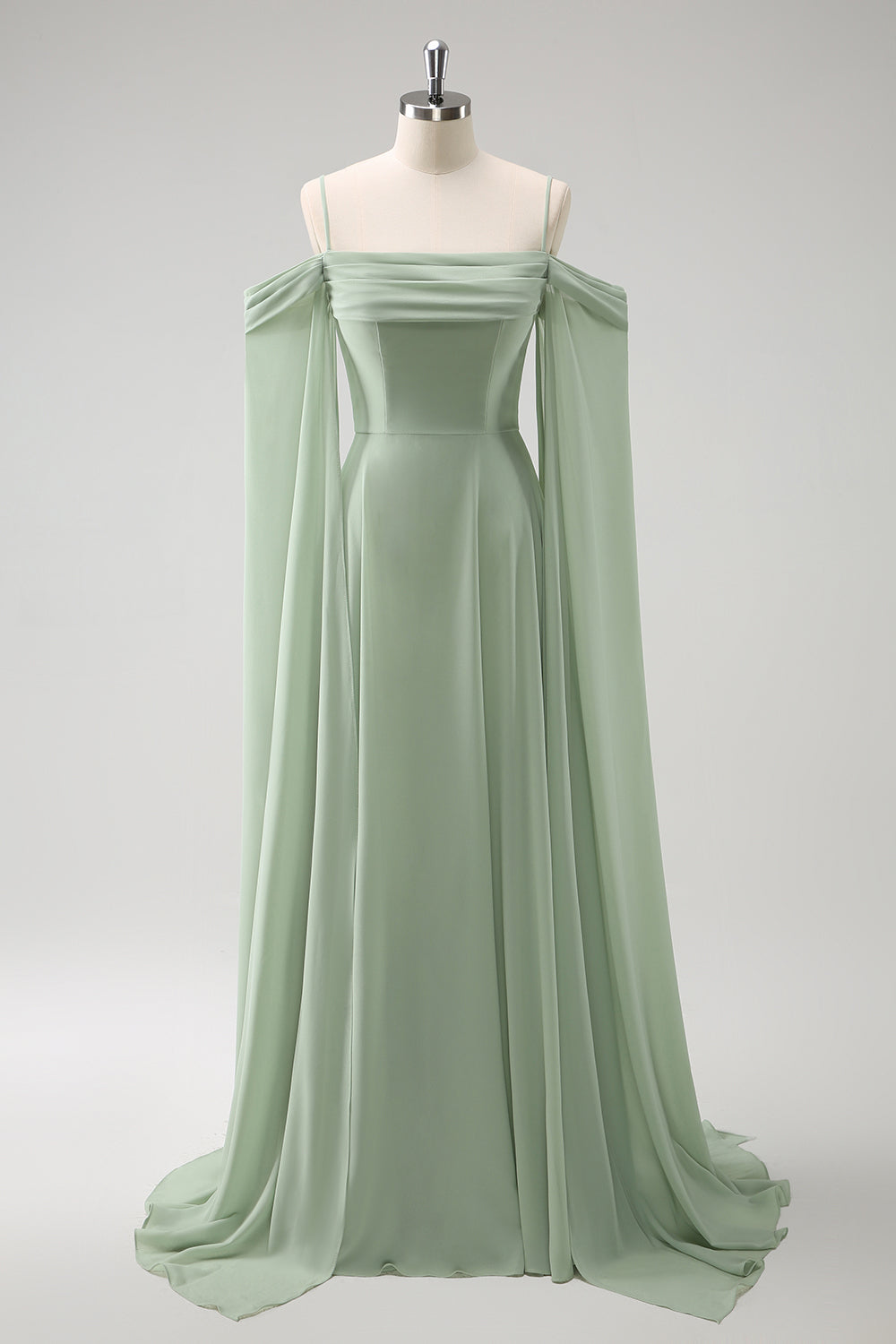 Light Green Fitted Cold Shoulder Detachable Sleeves Chiffon Bridesmaid Dress