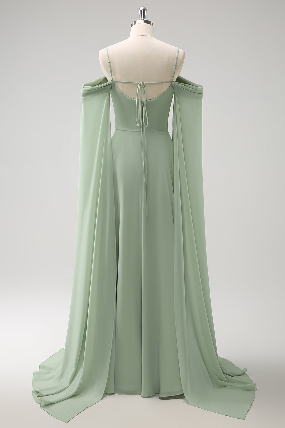 Light Green Fitted Cold Shoulder Detachable Sleeves Chiffon Bridesmaid Dress