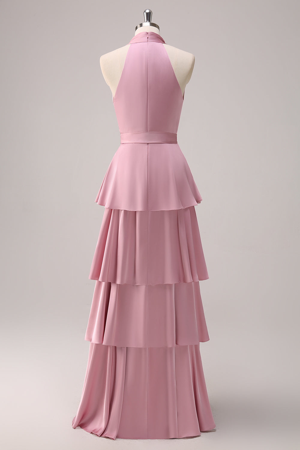 Pink A Line V-Neck Ruched Tiered Lace Up Satin Long Bridesmaid Dress