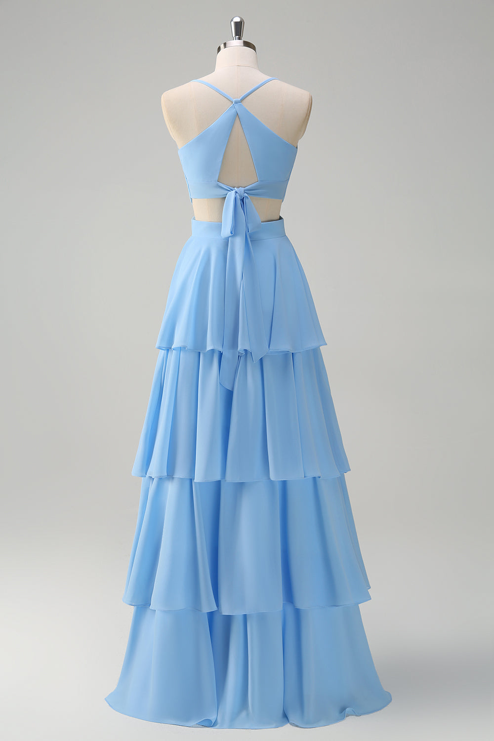 Sky Blue A Line V Neck Tiered Long Bridesmaid Dress with Lace Up Back