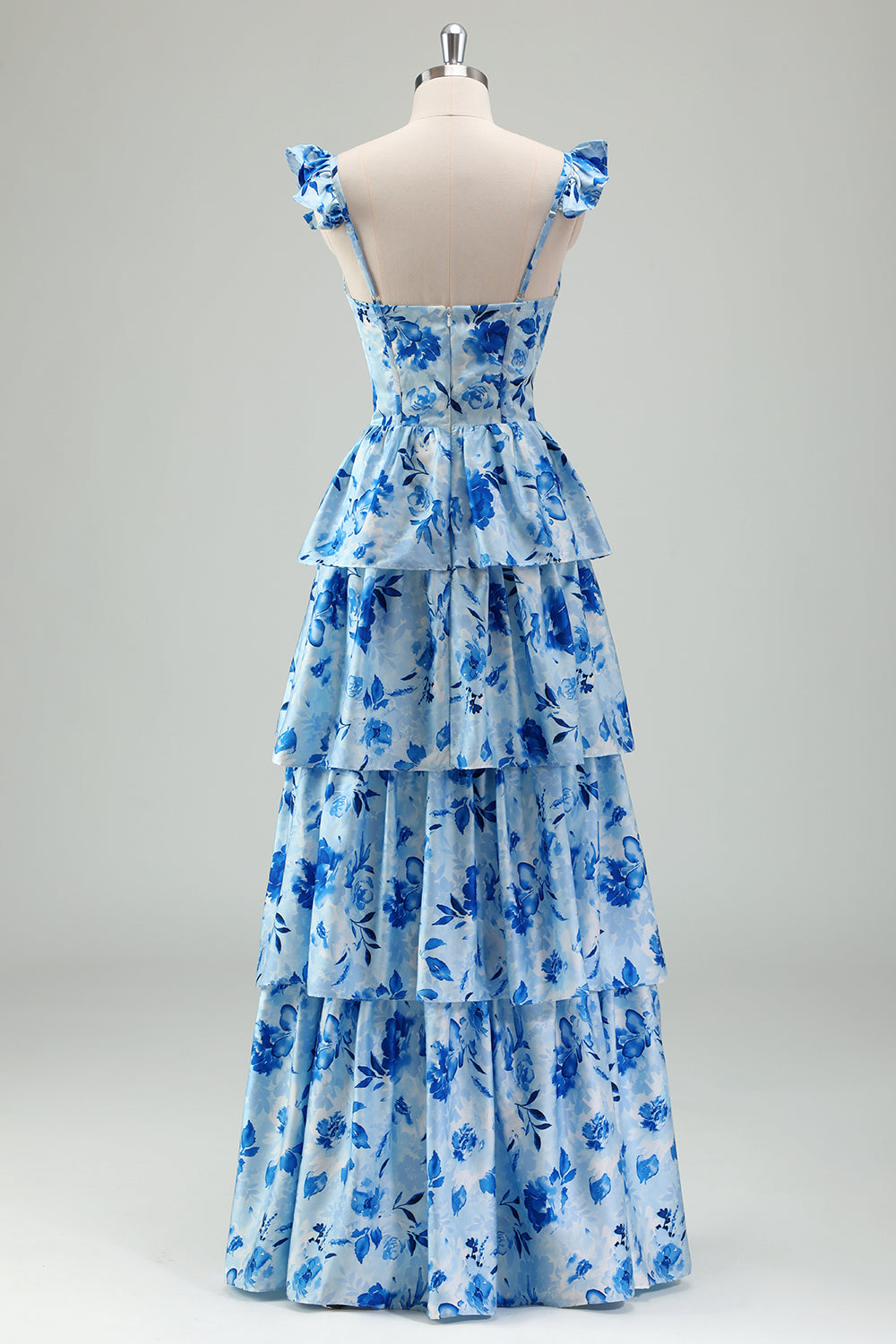 Blue Flower A Line Corset Print Tiered Long Bridesmaid Dress with Ruffles