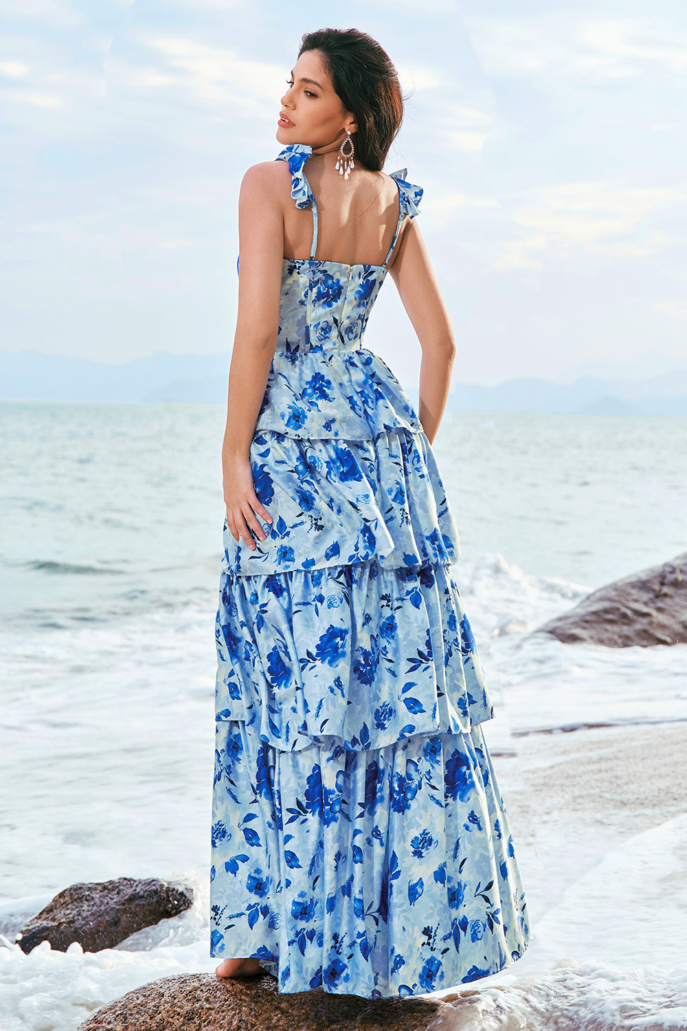 Blue Flower A-Line Corset Tiered Print Long Bridesmaid Dress with Ruffles