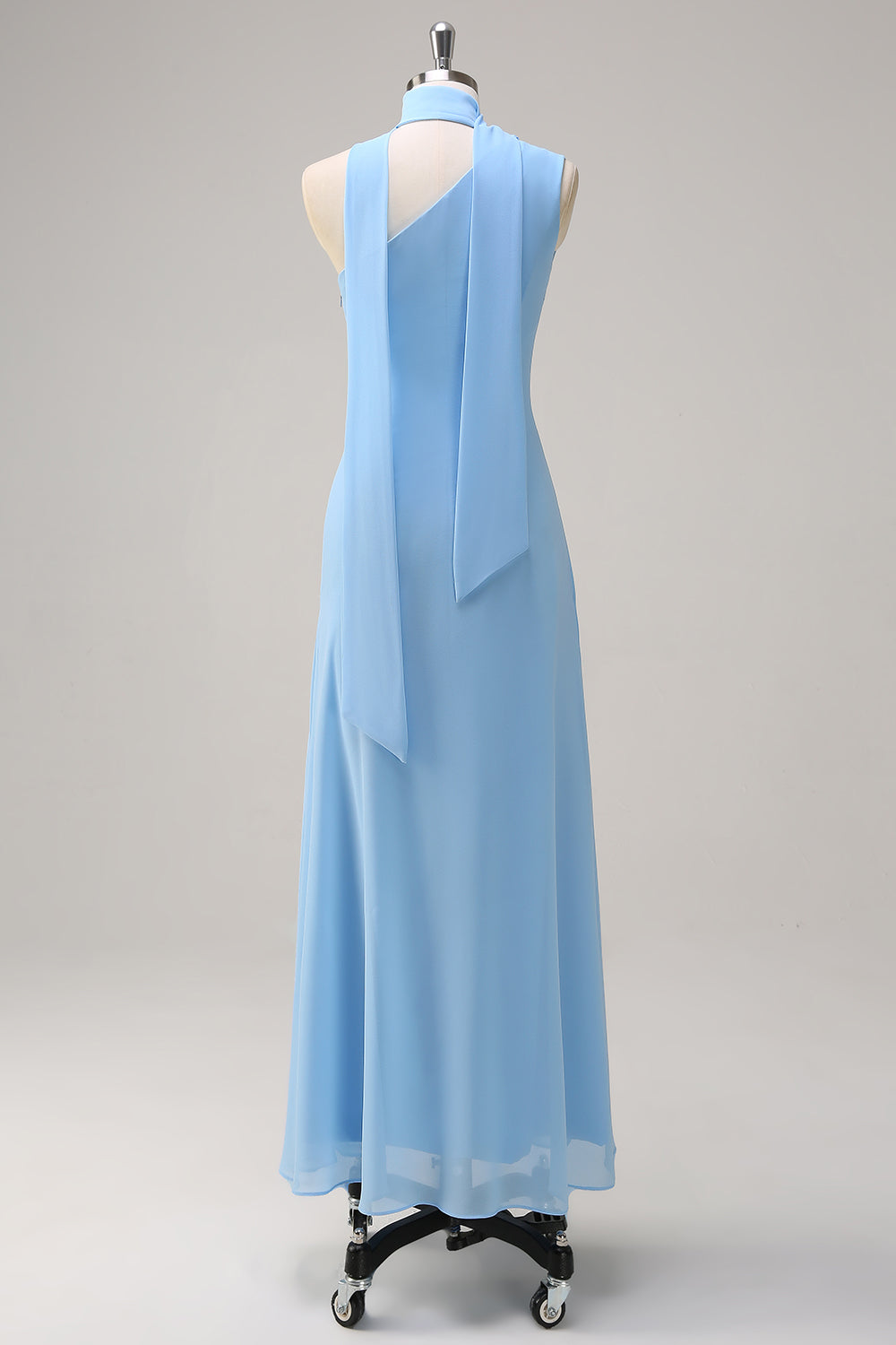 Blue Sheath Chiffon Watteau Train Long Bridesmaid Dress