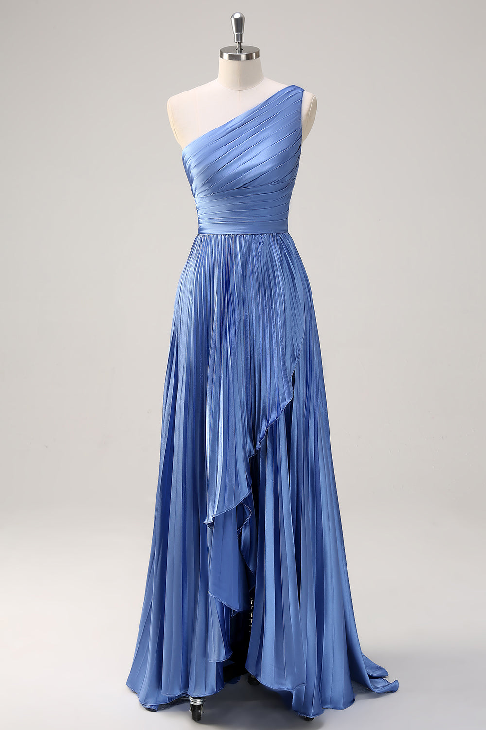 Blue A Line One Shoulder Ruched High-Low Bridesmaid Dress with Slit