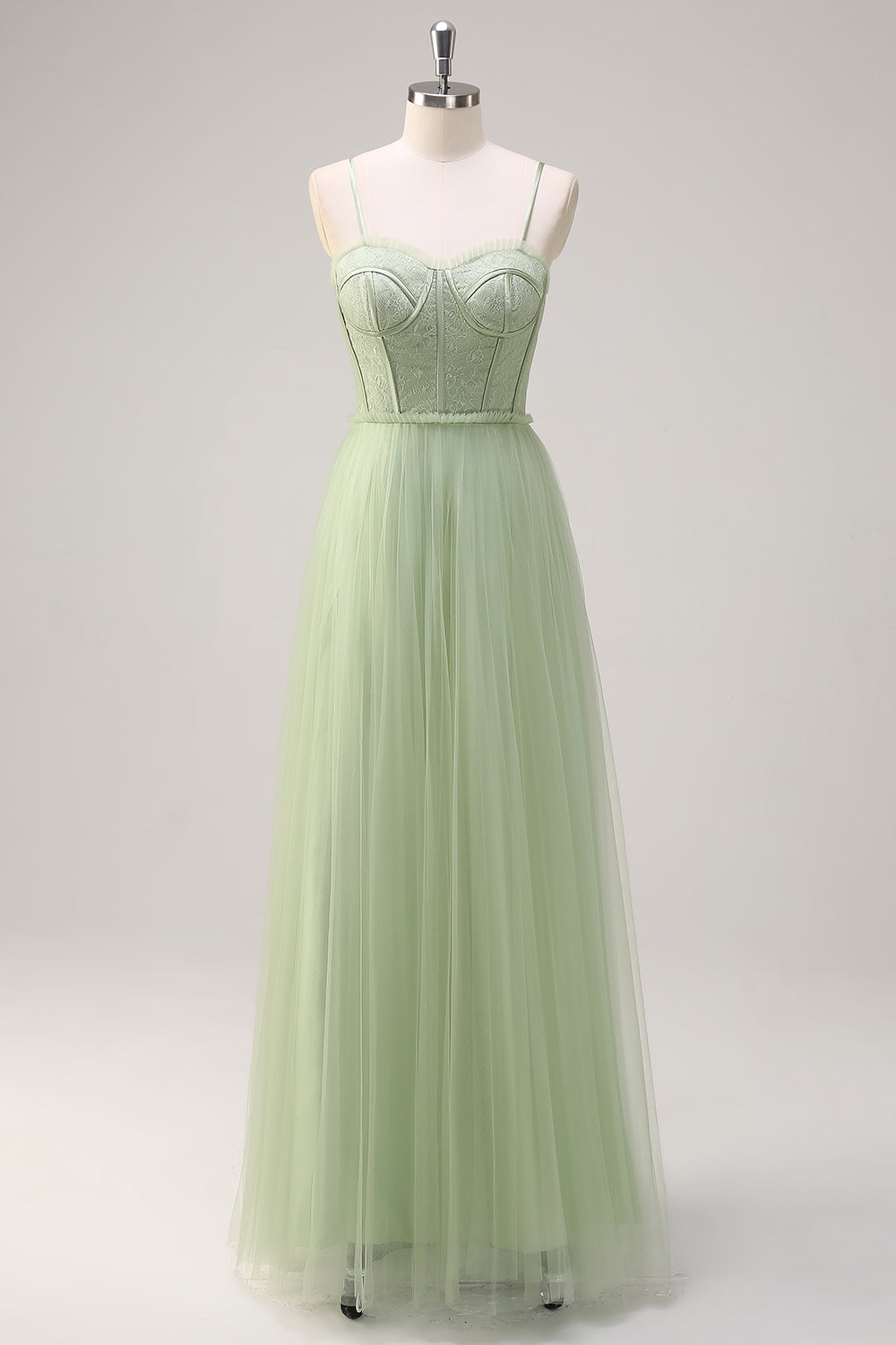 Sage A Line Spaghetti Straps Corset Long Tulle Bridesmaid Dress