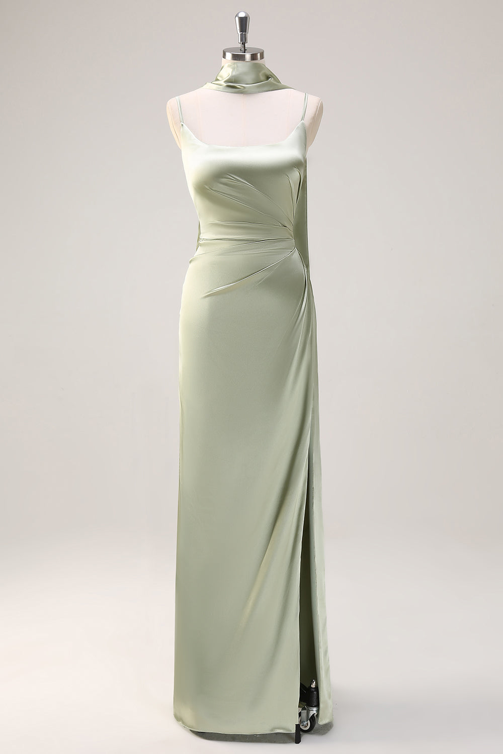 Sage Sheath Spaghetti Straps Streamer Long Satin Bridesmaid Dress with Slit