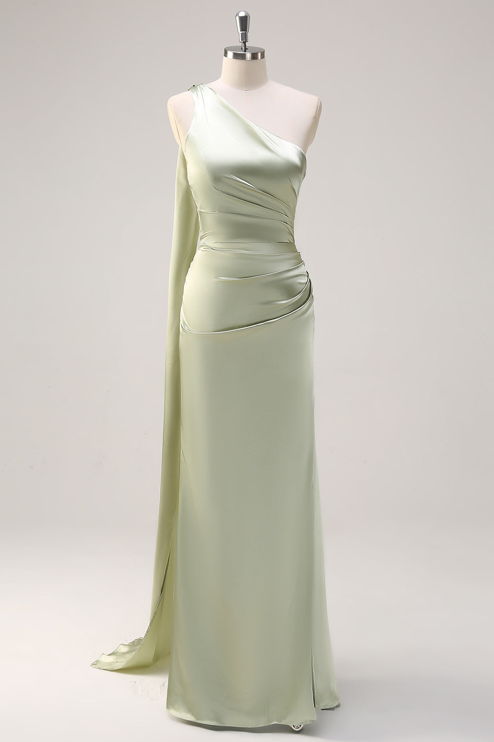 Sage Sheath One Shoulder Ruched Streamer Satin Bridesmaid Dress with Slit