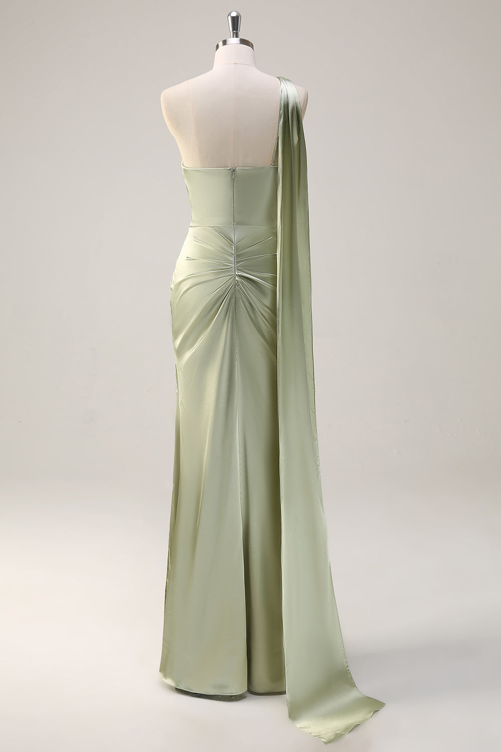 Sage Sheath One Shoulder Ruched Streamer Satin Bridesmaid Dress with Slit