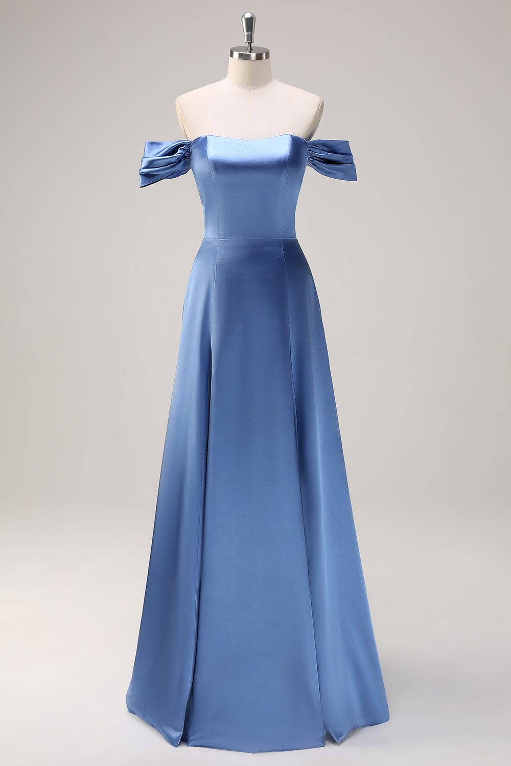 Dusty Blue A-Line Off The Shoulder Ruched Long Bridesmaid Dress