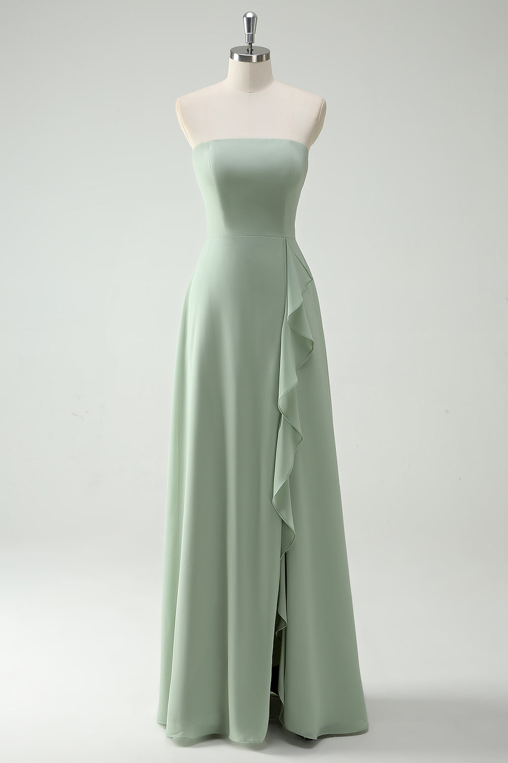 Dusty Sage A Line Strapless Chiffon Long Bridesmaid Dress with Ruffle Slit