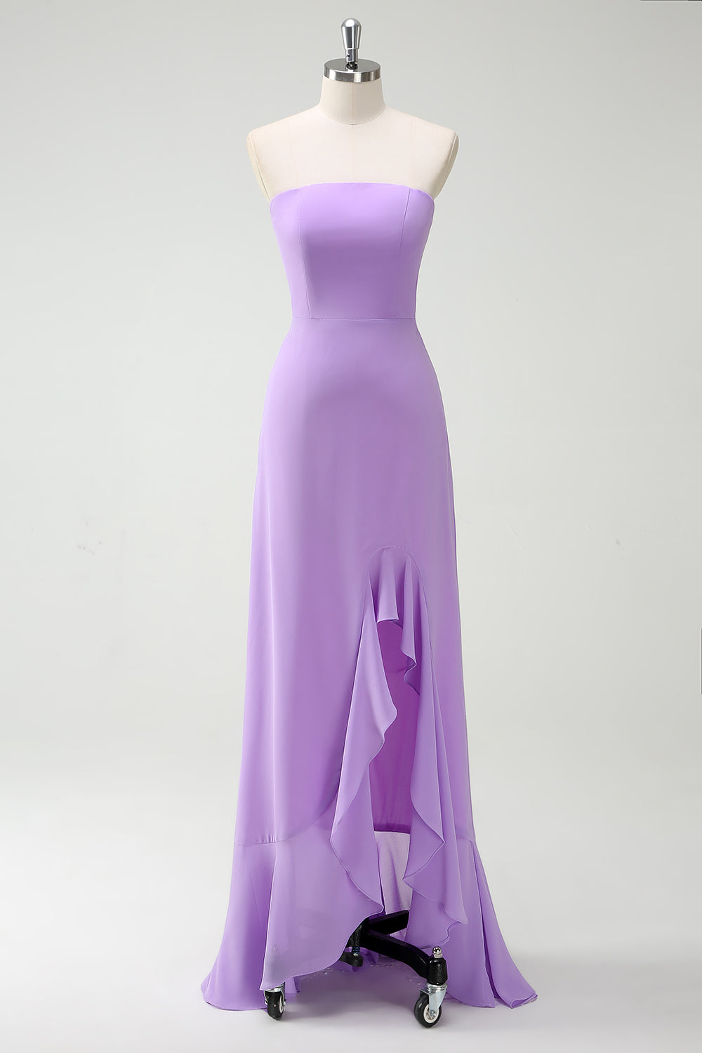 Purple A-Line Strapless Lace Up Back Ruffled Long Bridesmaid Dress with Ruffled Slit