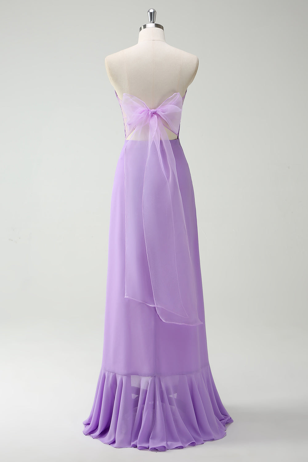 Purple A-Line Strapless Lace Up Back Ruffled Long Bridesmaid Dress with Ruffled Slit