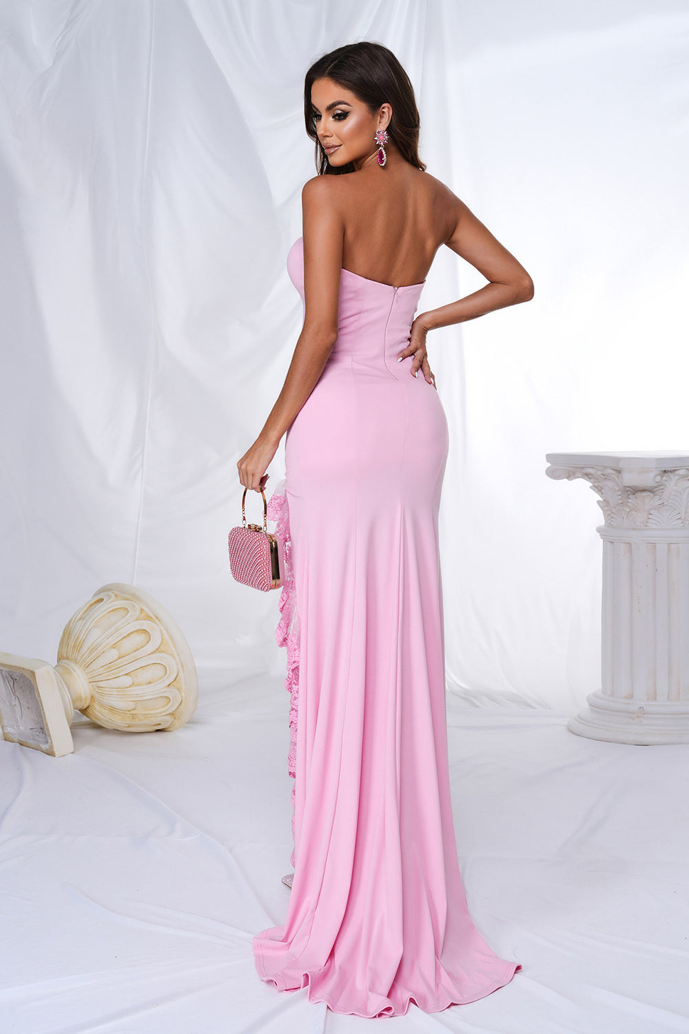 Pink Mermaid Strapless Ruffles Long Prom Dress with Slit