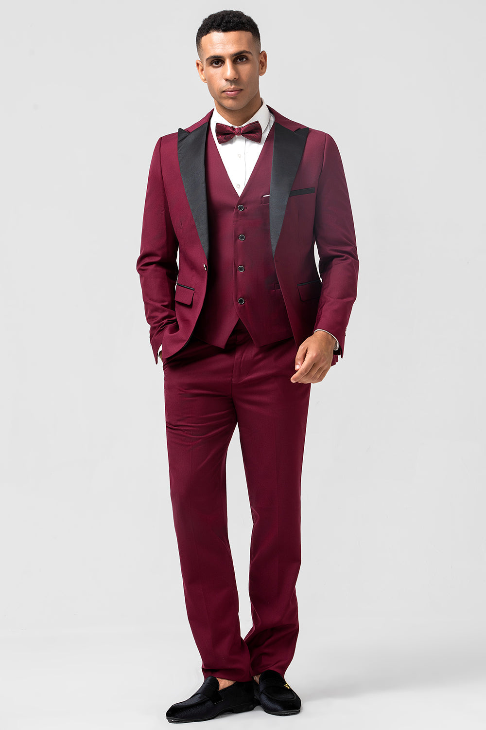 Men’s Burgundy 3 Pieces Peak Lapel Wedding Prom Suits