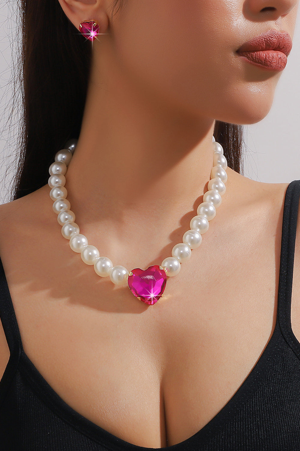 Fuchsia Faux Pearl Decor Heart Pendant Necklace