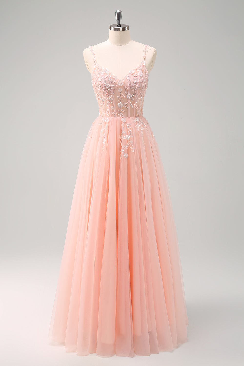 Sparkly Blush A Line Spaghetti Straps Tulle Corset Long Prom Dress with Appliques