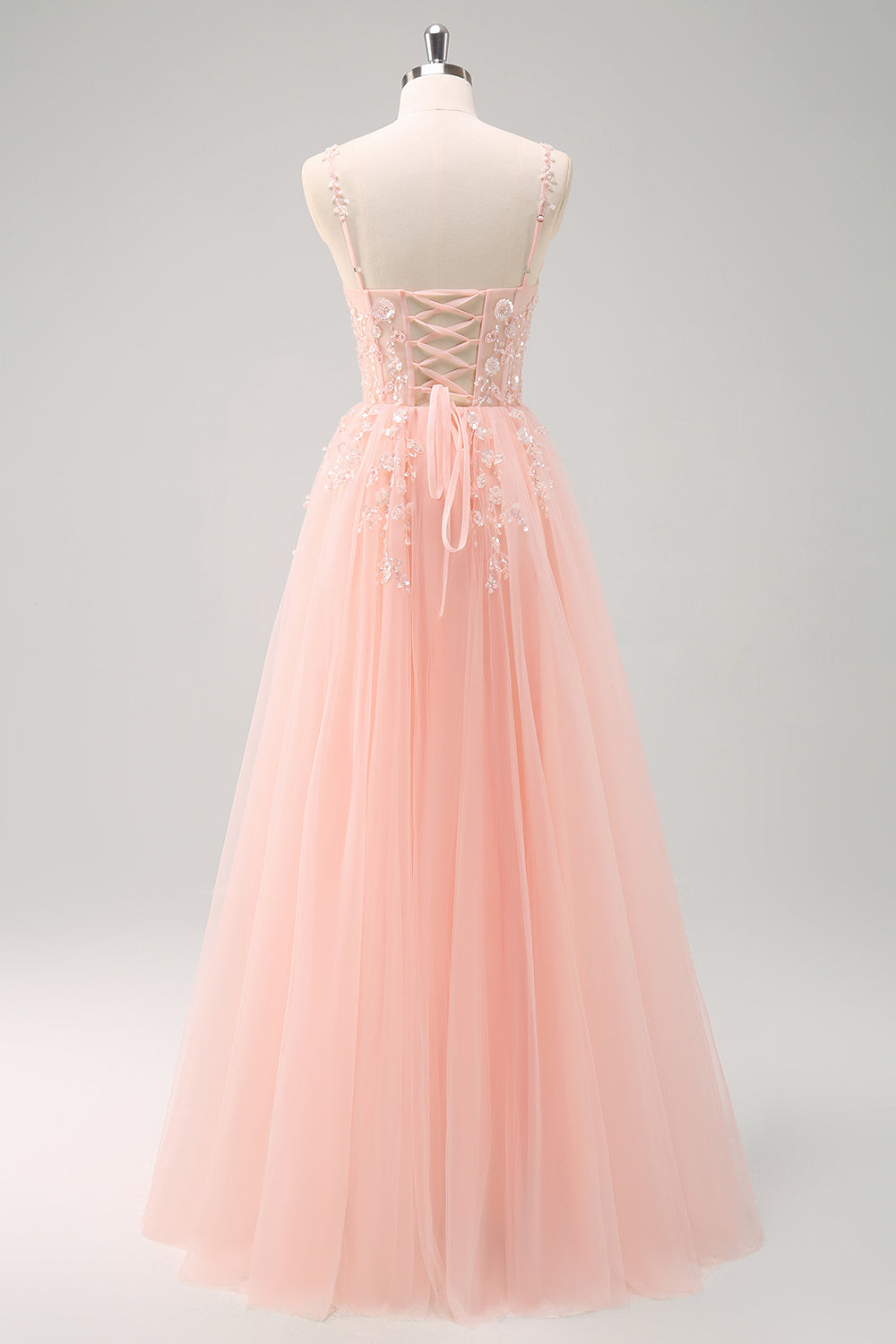 Sparkly Blush A Line Spaghetti Straps Tulle Corset Long Prom Dress with Appliques