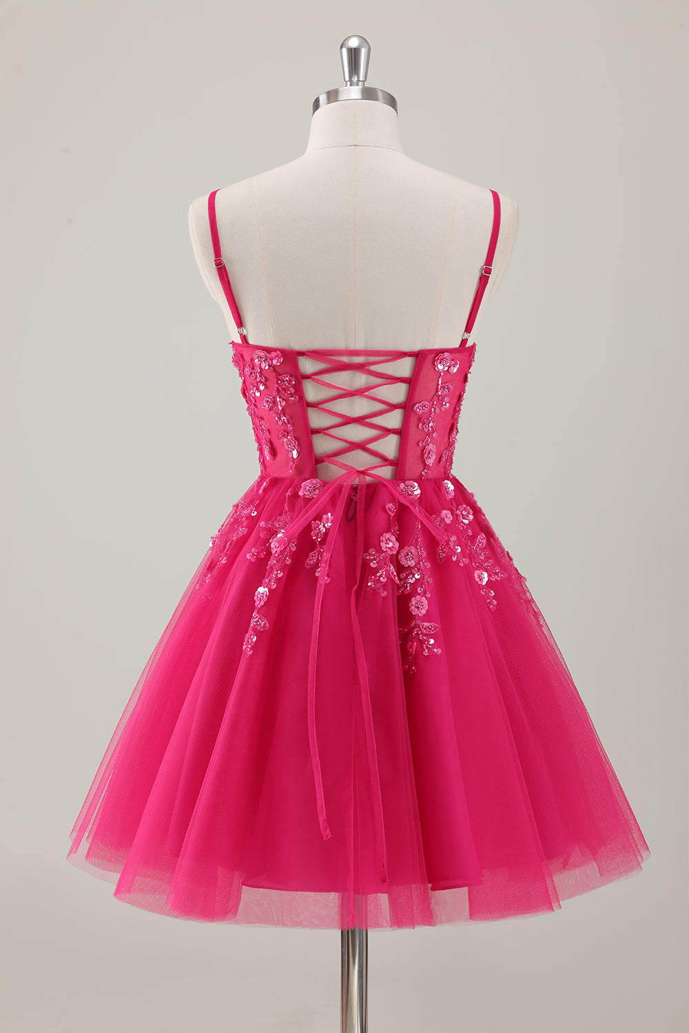 Fuchsia A Line Spaghetti Straps Short Prom Dress Pleated with Sequins Appliqued