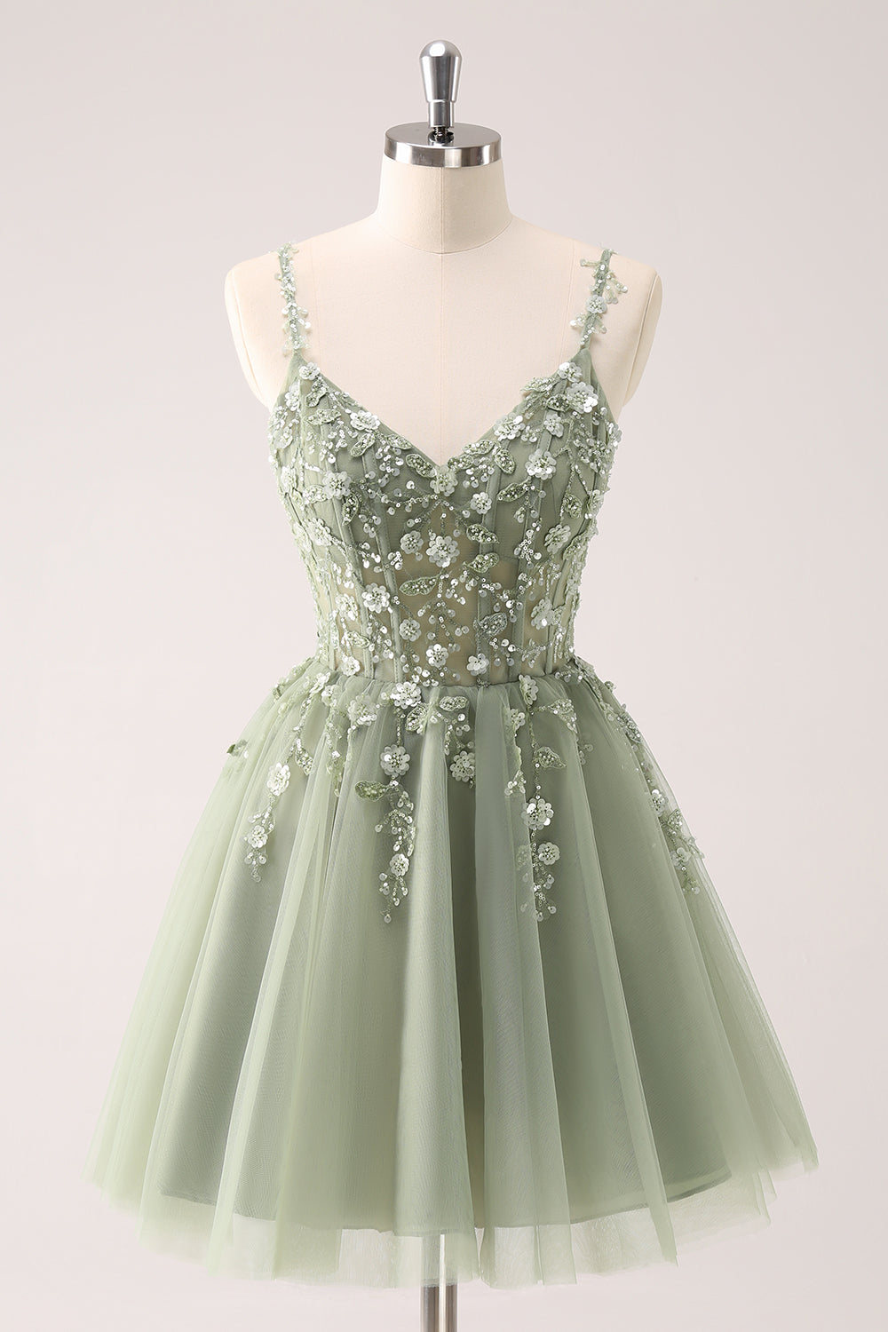 Green A Line Spaghetti Straps Tulle Corset Sequins Homecoming Dress with Appliques