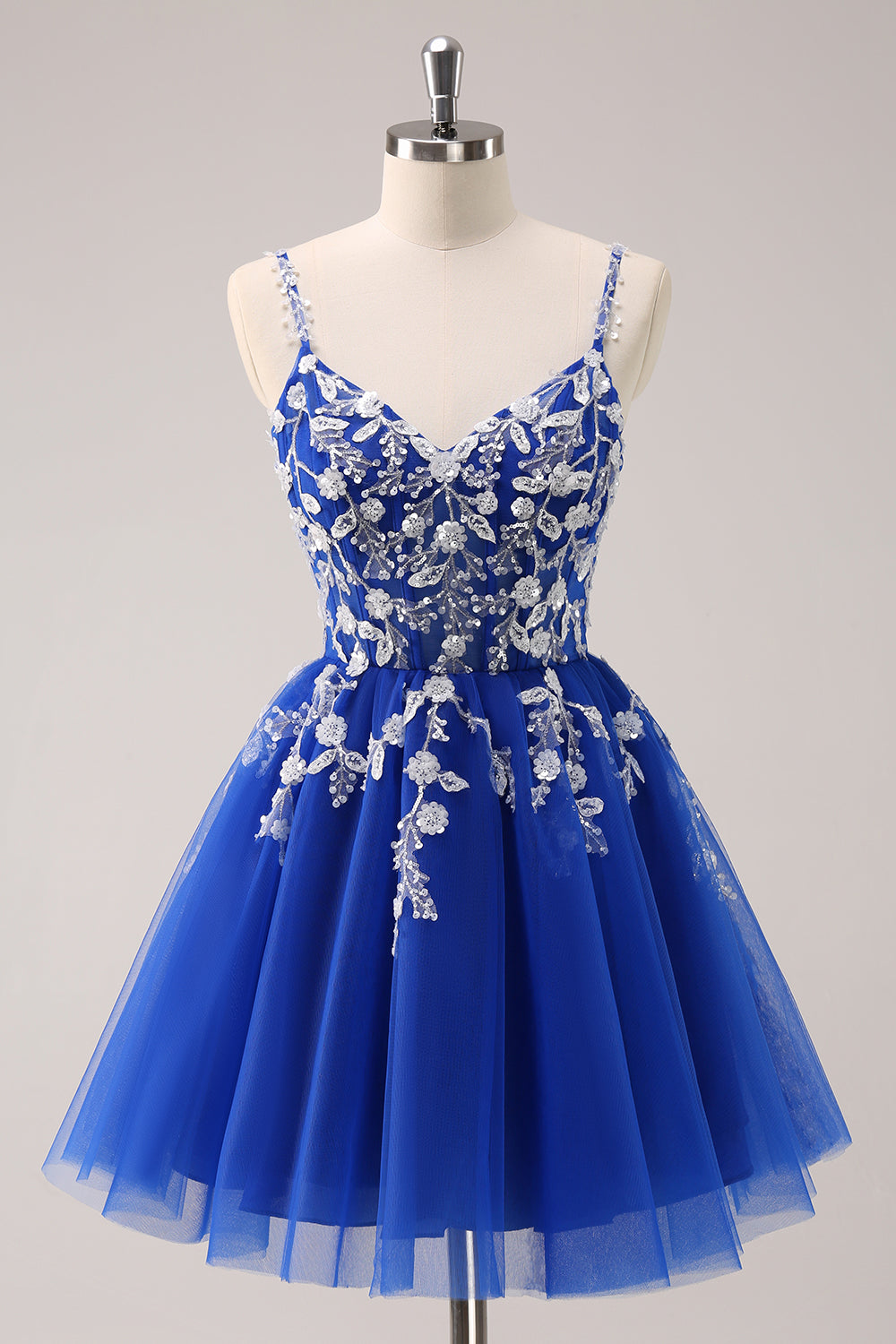 Royal Blue A Line Spaghetti Straps Tulle Corset Sequins Homecoming Dress with Appliques