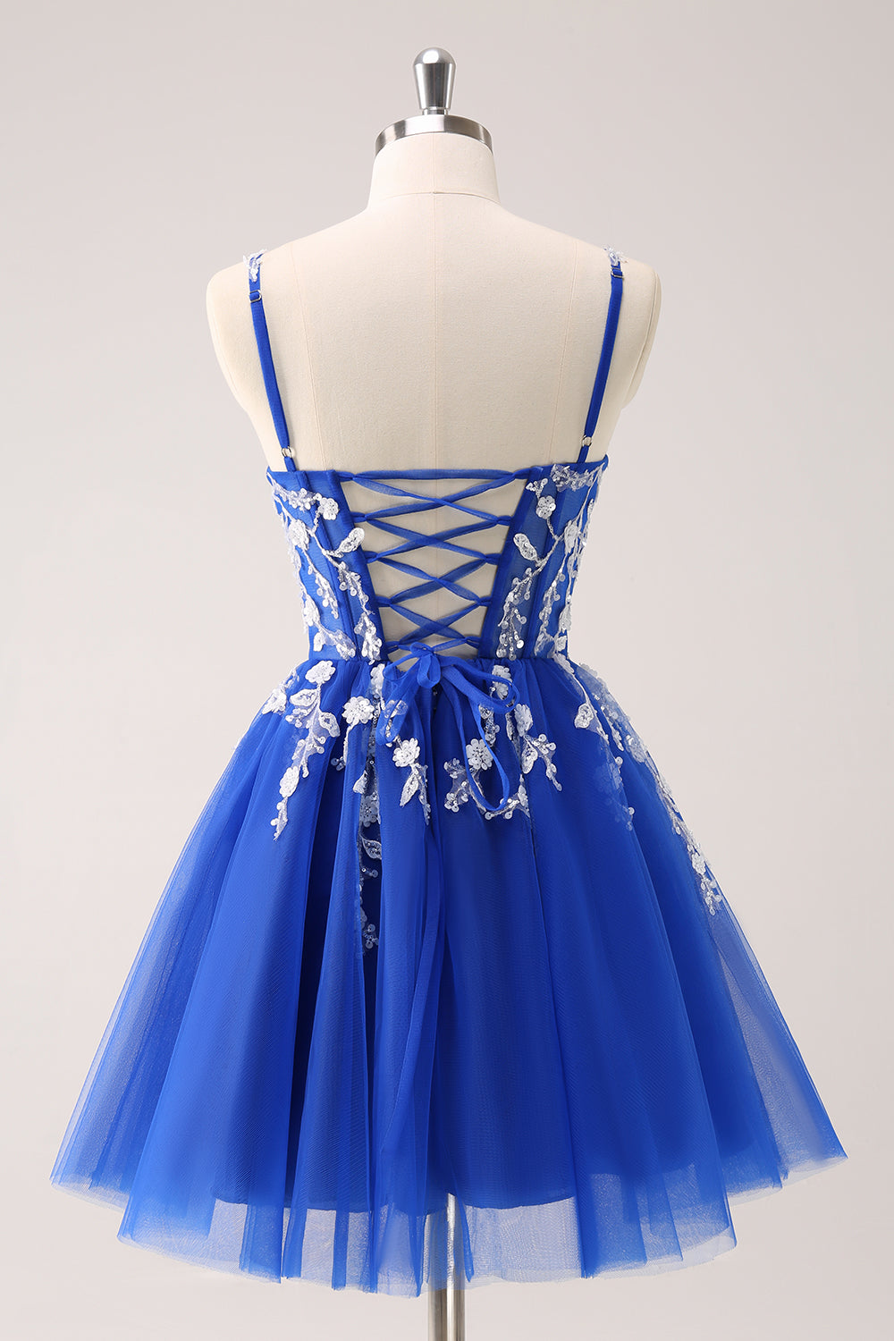 Royal Blue A Line Spaghetti Straps Tulle Corset Sequins Homecoming Dress with Appliques