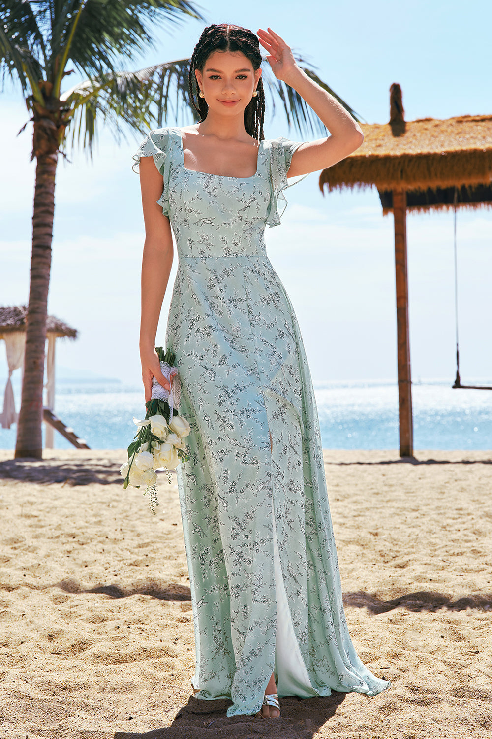 Grey Green A-Line Square Neck Floral Long Bridesmaid Dress with Slit