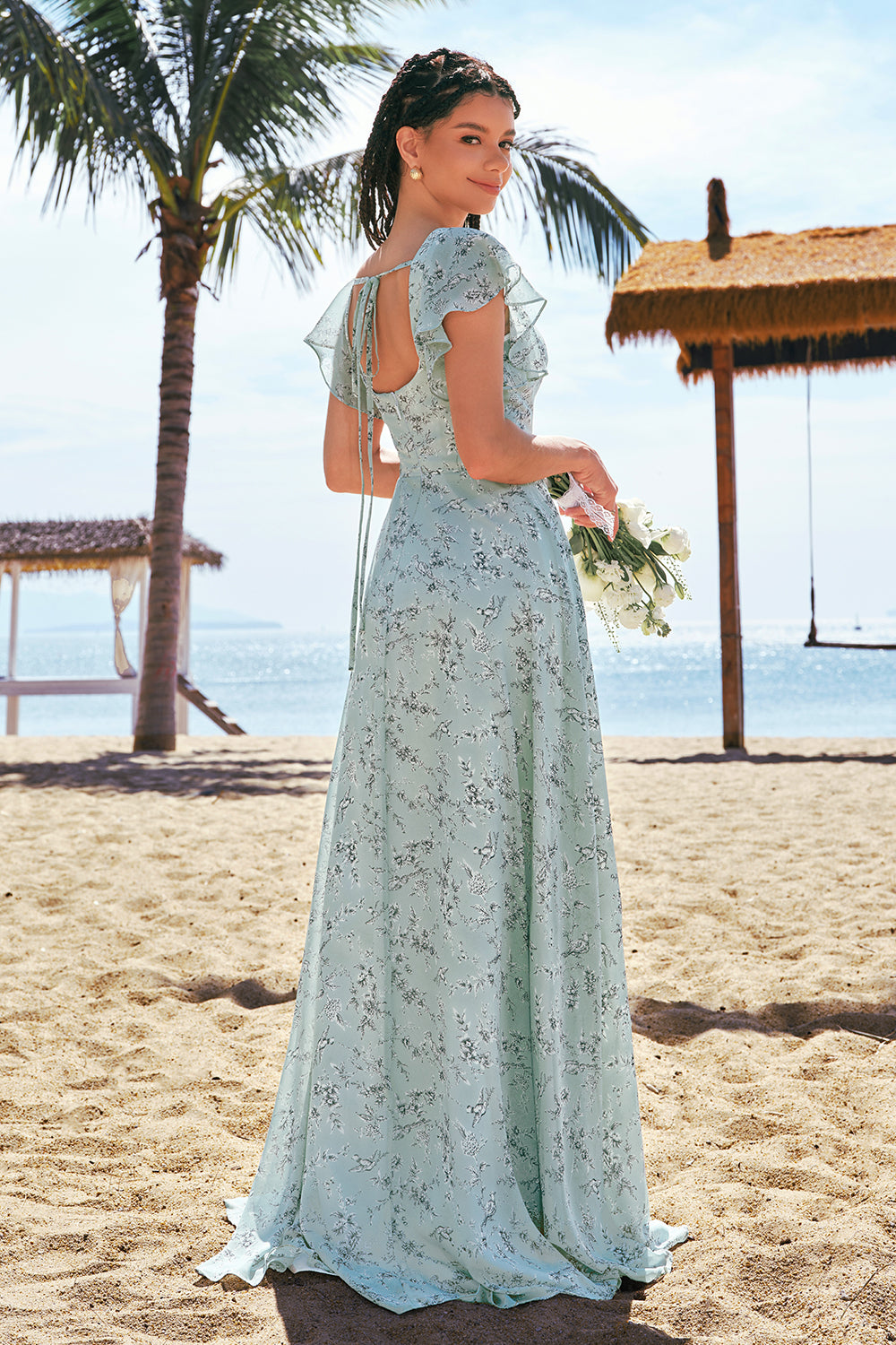 Grey Green A-Line Square Neck Floral Long Bridesmaid Dress with Slit