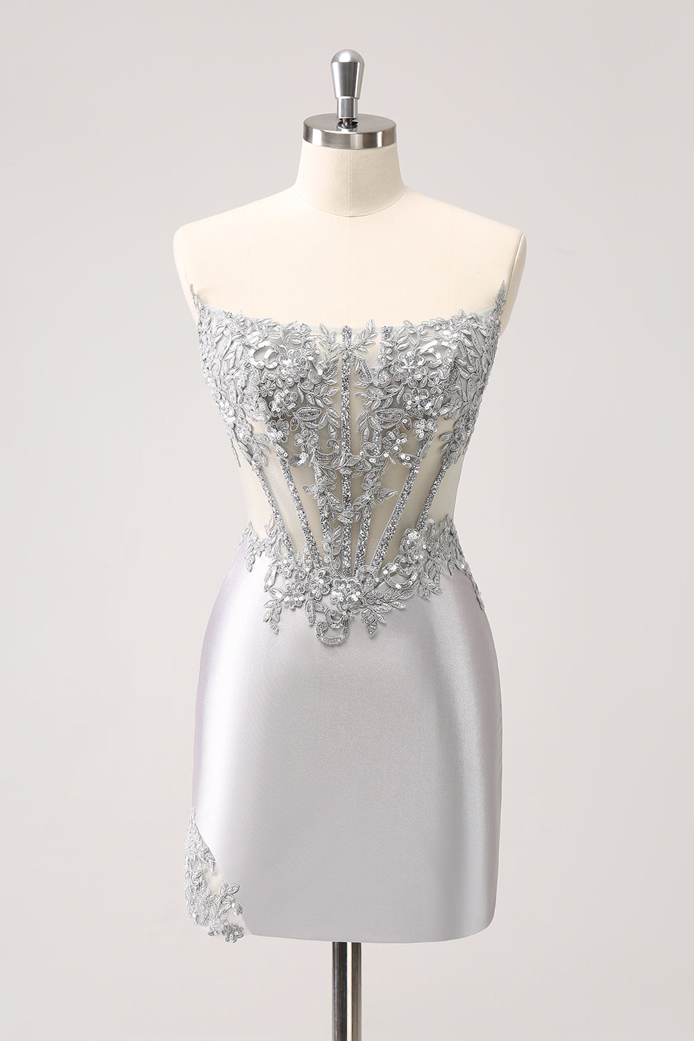 Glitter Silver Corset Strapless Homecoming Dress