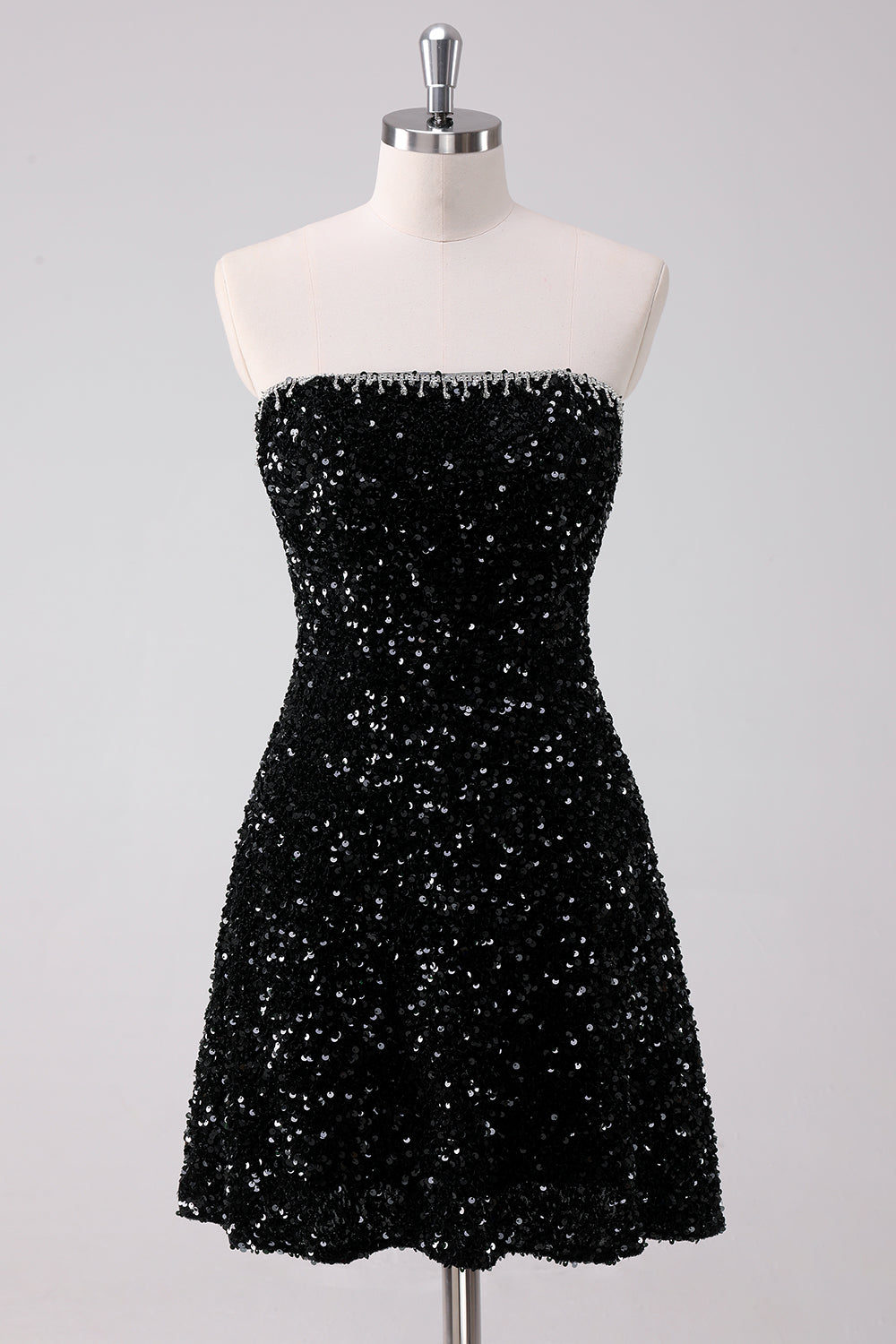 Sparkly Black A Line Strapless Short Homecoming Dress with Sequins