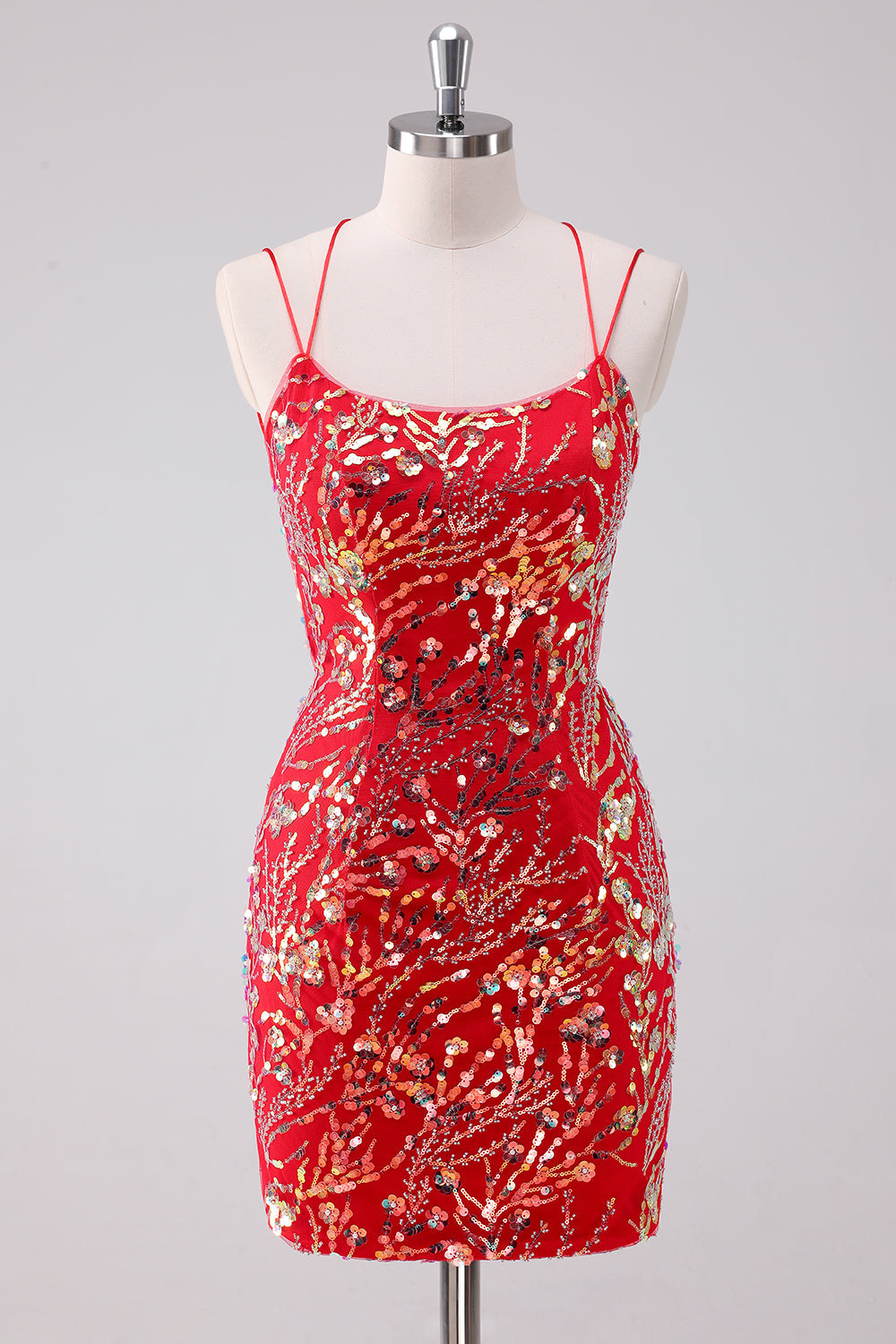 Glitter Red Bodycon Spaghetti Straps Sequins Short Homecoming Dress