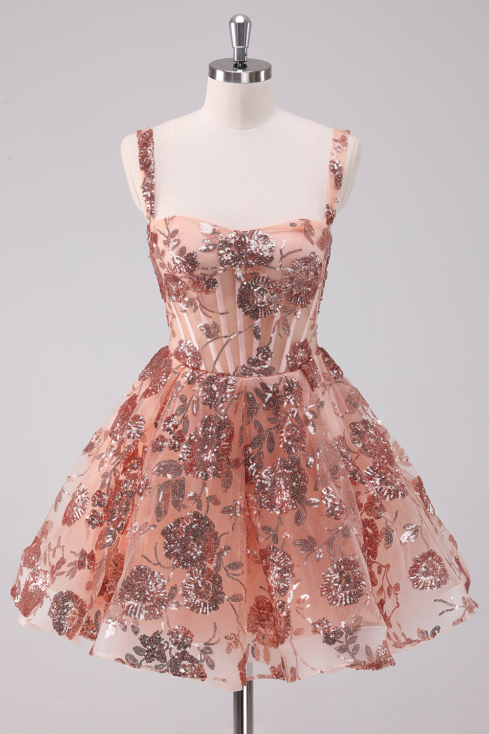 Sparkly Blush A Line Spaghetti Straps Sequins Corset Short Homecoming Dress