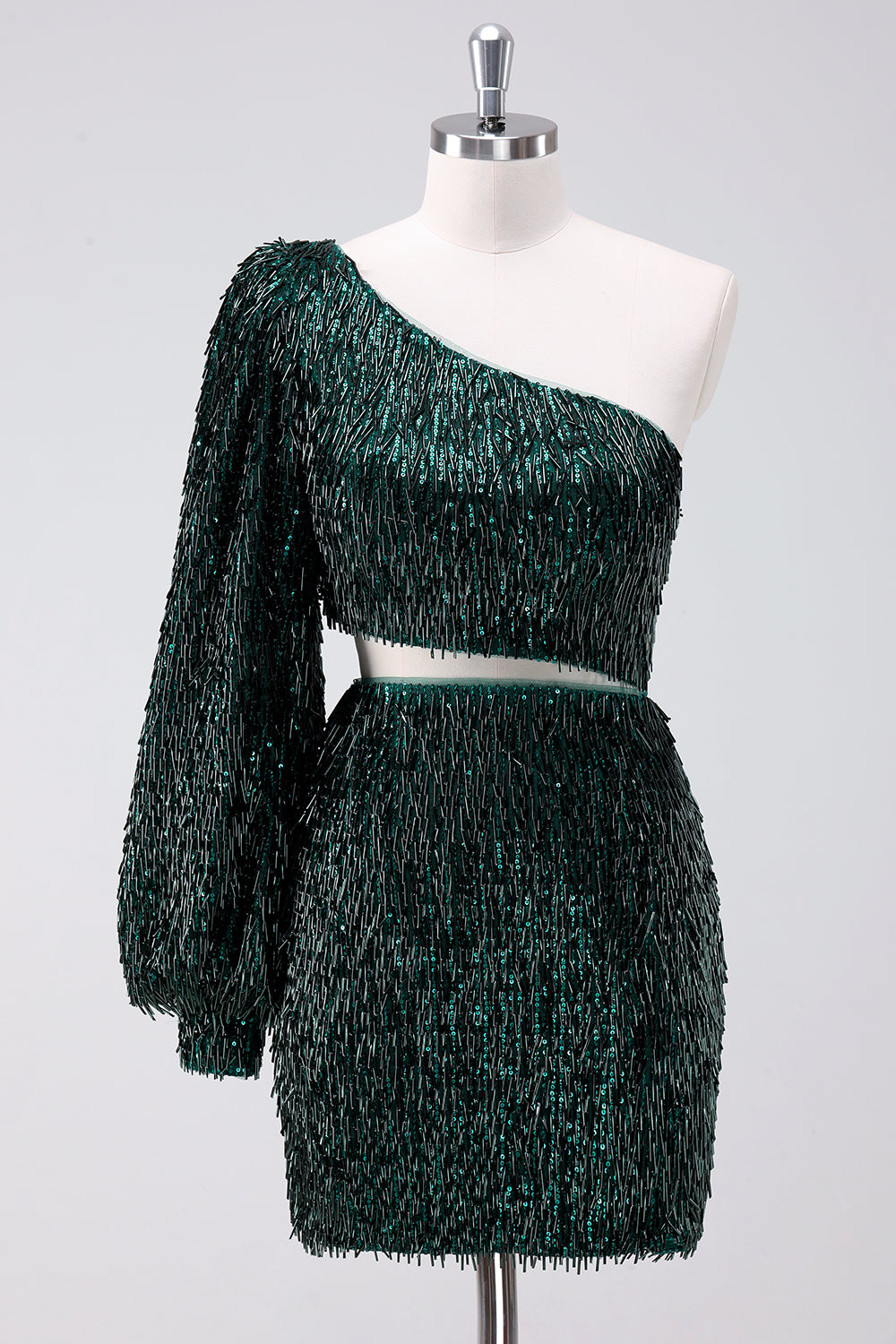 Sparkly Fringed Dark Green One Shoulder Short Homecoming Dress