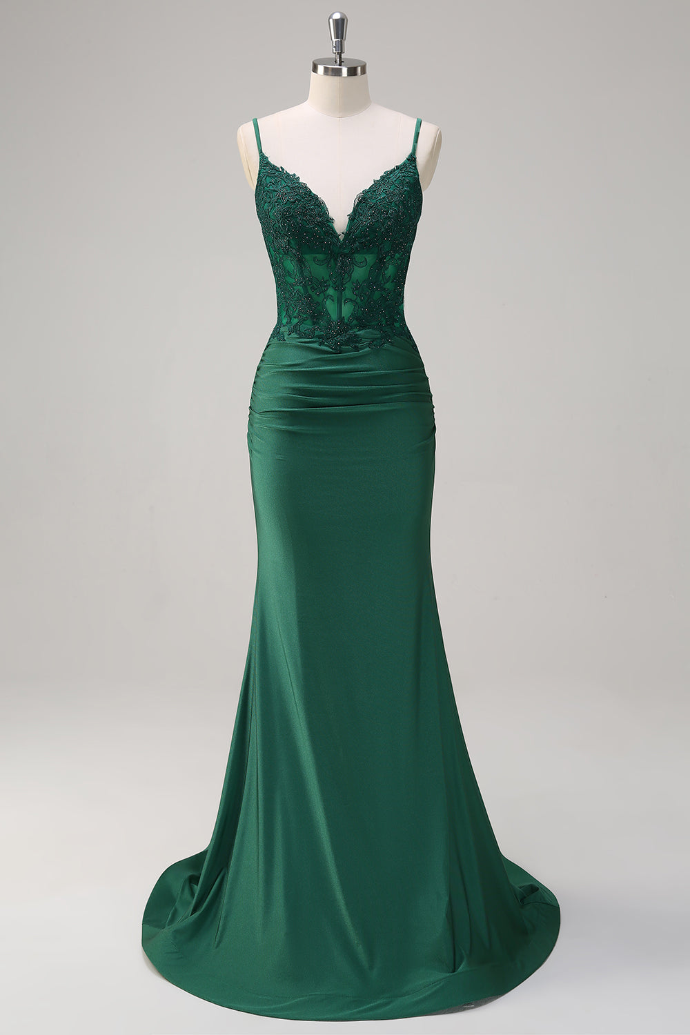 Dark Green Mermaid Spaghetti Straps Corset Backless Prom Dress With Beading