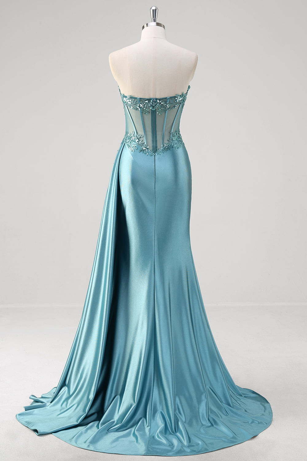 Grey Blue Mermaid Strapless Corset Sequined Satin Prom Dress