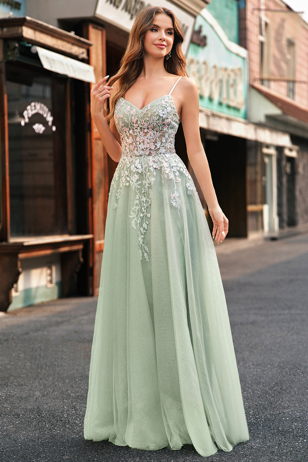 Sage Tulle A Line Spaghetti Straps Lace Up Back Long Prom Dress with Appliques