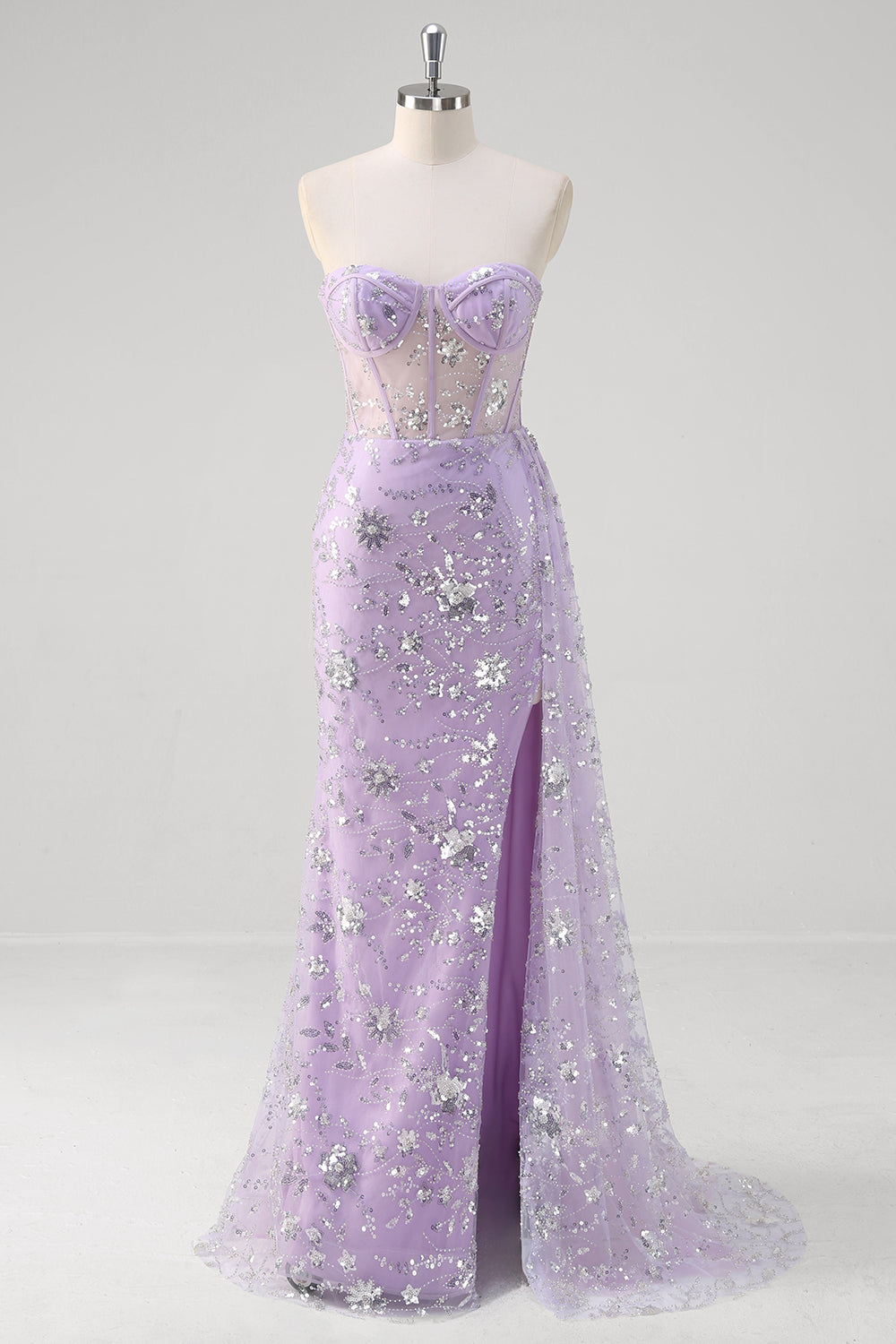 Glitter Light Purple Mermaid Sweetheart Sequin Corset Long Prom Dress With Slit