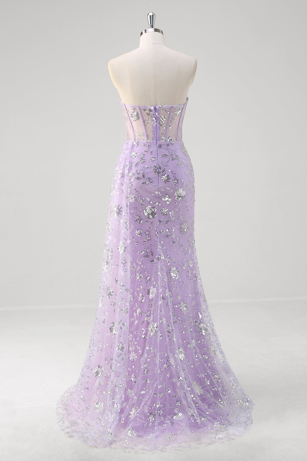 Glitter Light Purple Mermaid Sweetheart Sequin Corset Long Prom Dress With Slit