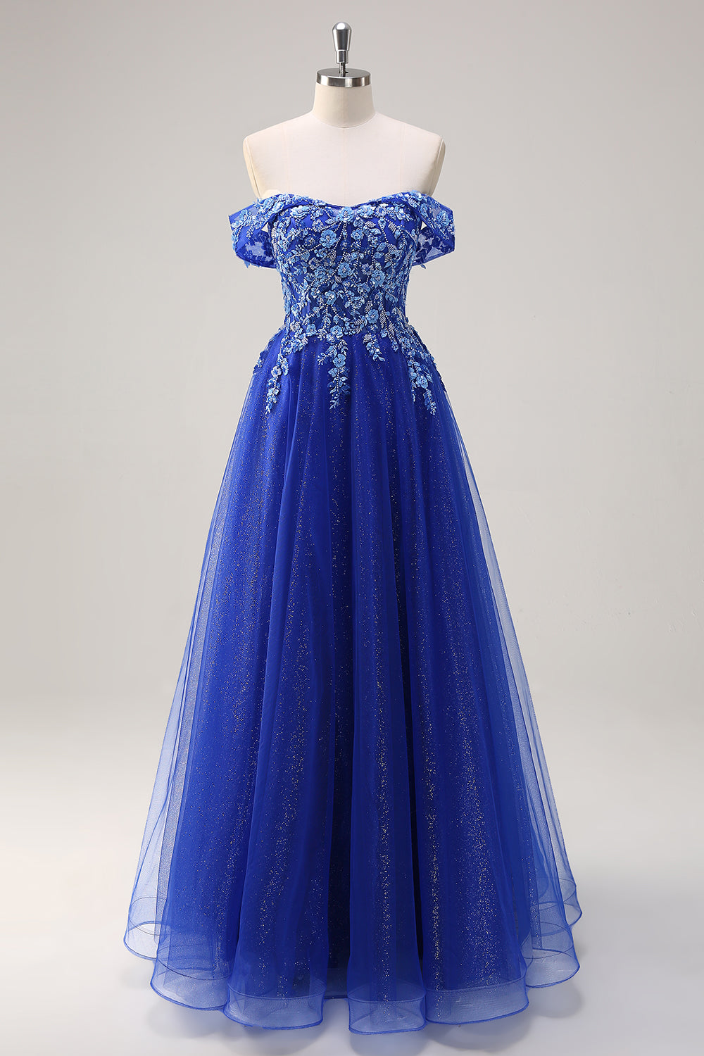 Sparkly Royal Blue A-Line Off The Shoulder Sequin Long Prom Dress with Appliques